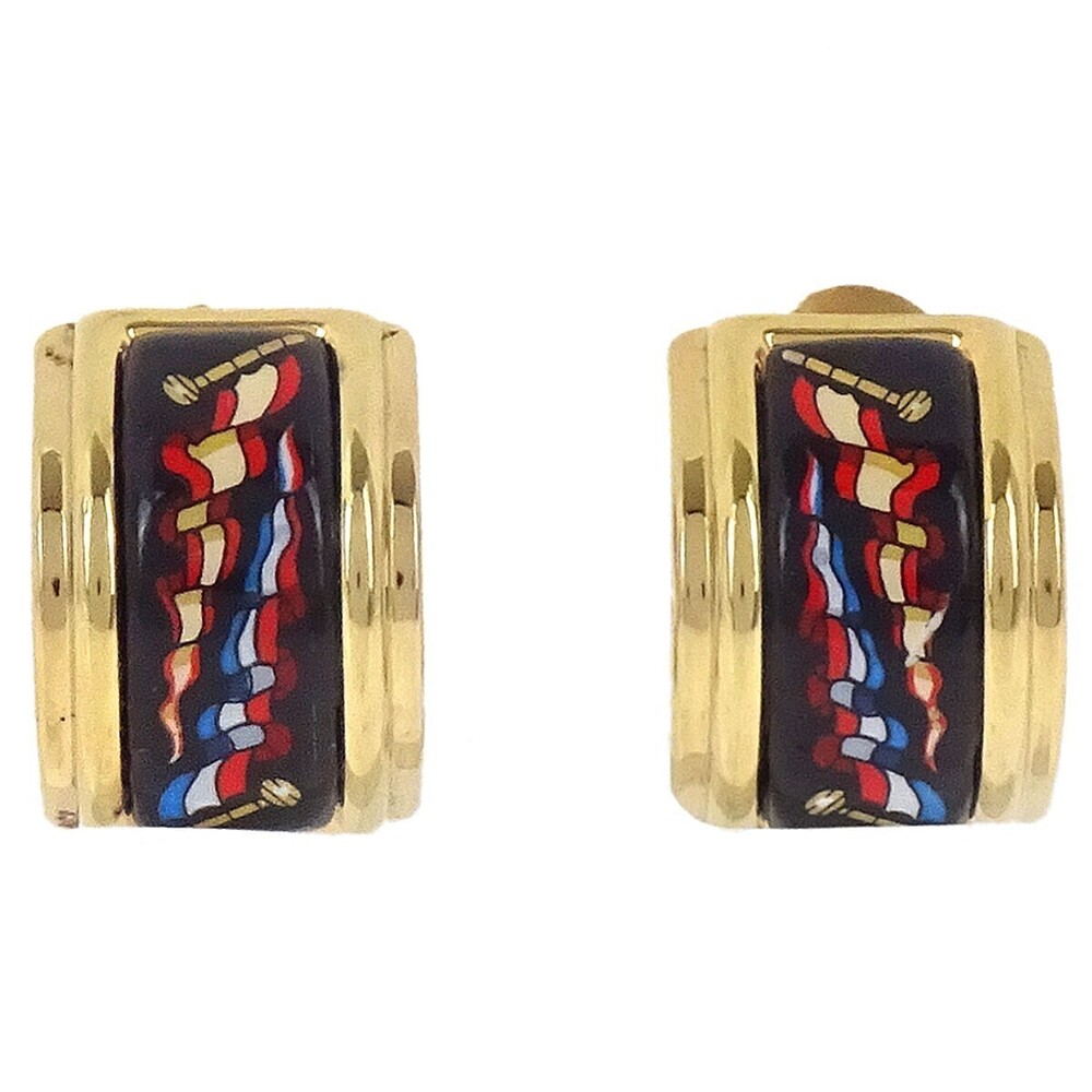 Hermes Vintage Half Hoop Clip-On Printed Enamel and Metal
